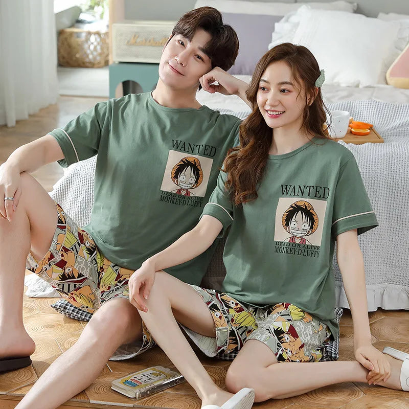 Cute One Piece Luffy Summer cotton couple pajamas  Men's and women's