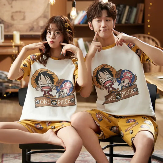 Cute One Piece Luffy Summer cotton couple pajamas  Men's and women's